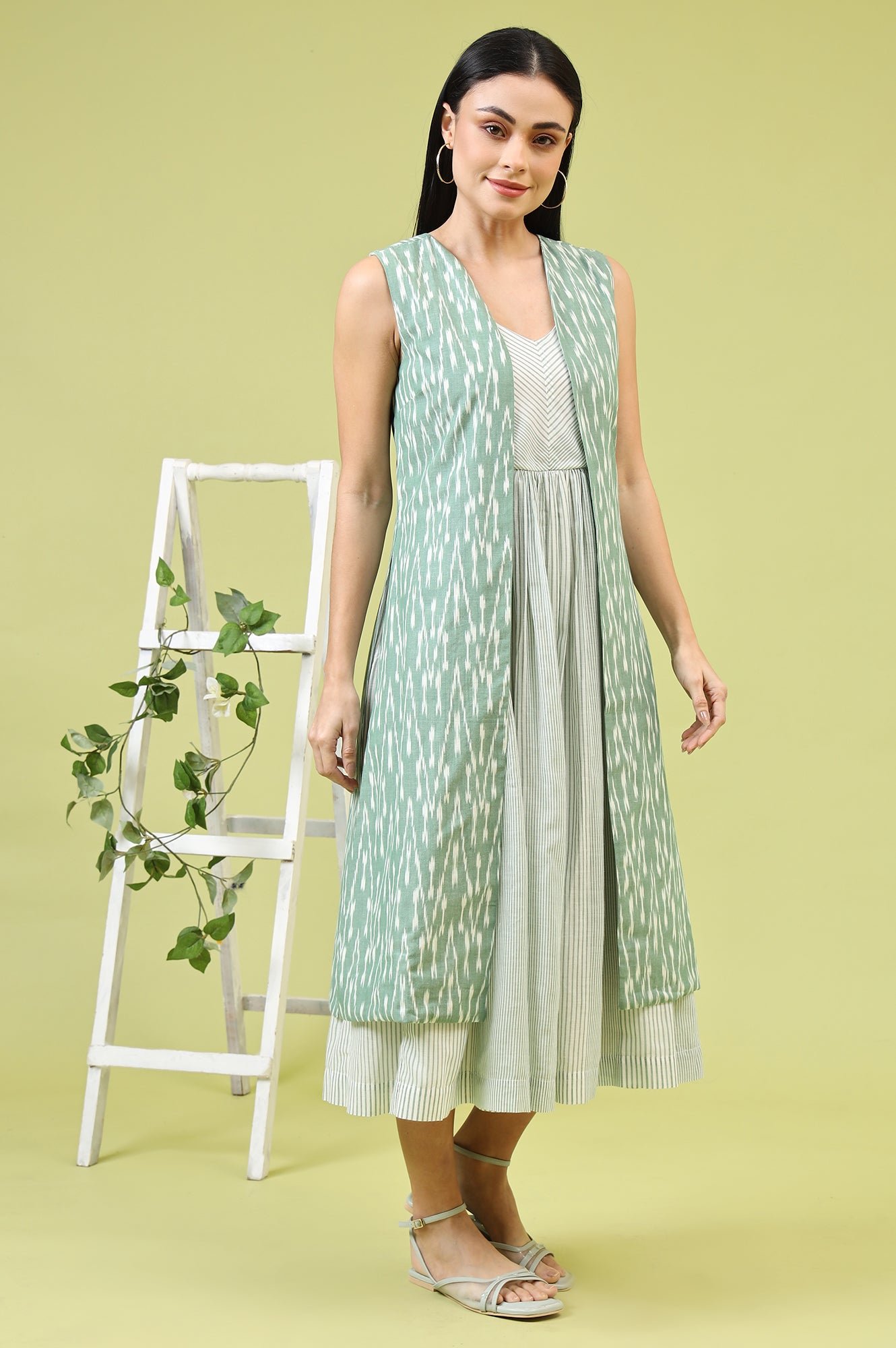 White and Green Geometric Printed Flared Spaghetti Dress and Gilet Set - Image 7