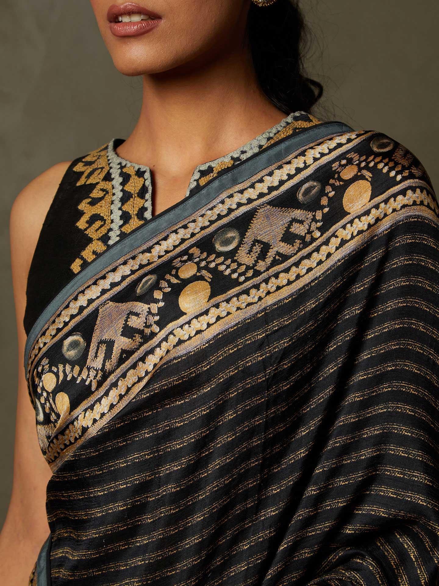 Black & Beige Noni Saree With Stitched Blouse - Image 2